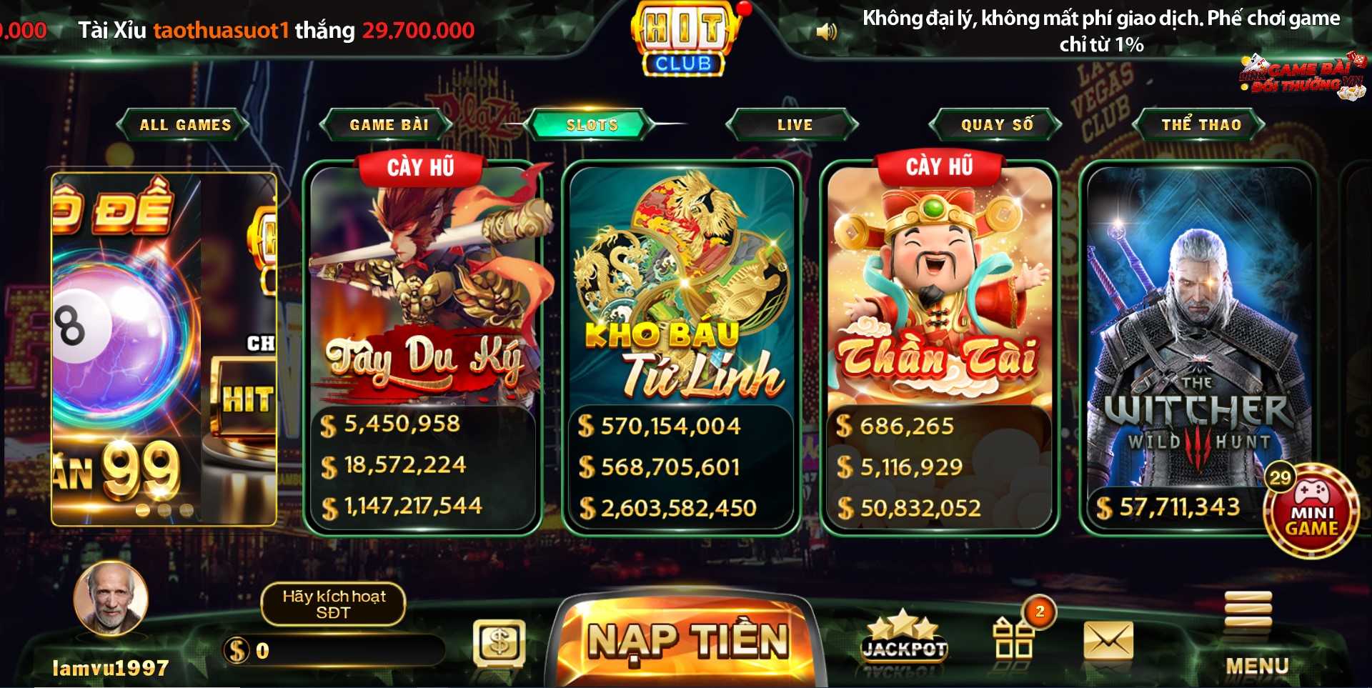 Giao diện sảnh slot tại Hit Club