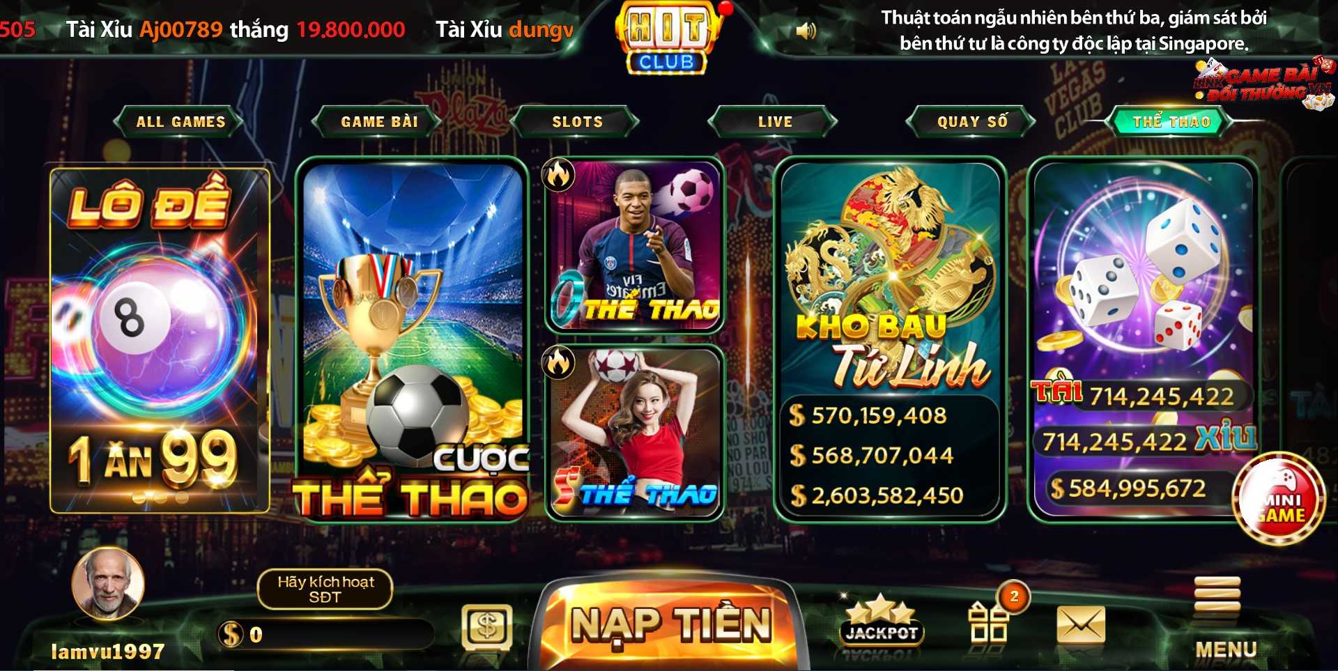 Giao diện sảnh thể thao tại Hit Club